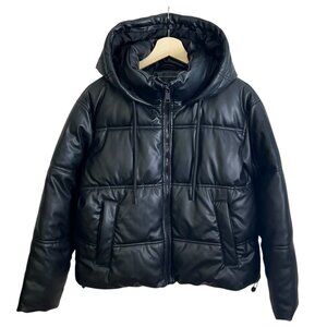Zara Womens Faux Leather Puffer Coat Black XS Hooded Streetwear City Edgy
